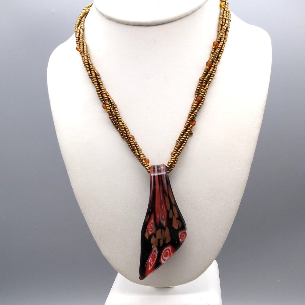 Murano Glass Stretched Millefiori Pendant, Dichroic Copper Fluss Art Glass on Br